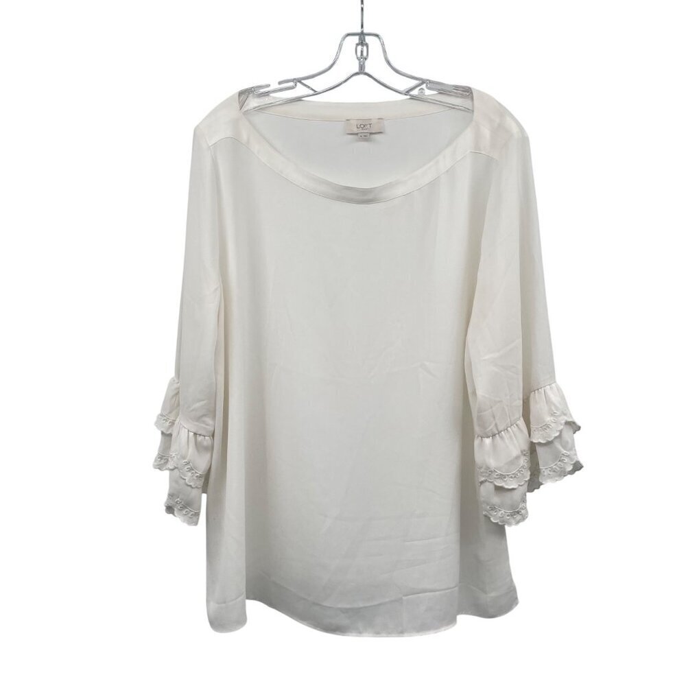 Loft Womens Sheer Blouse 3/4 Sleeve Ruffle Cuff Ivory Size XL
